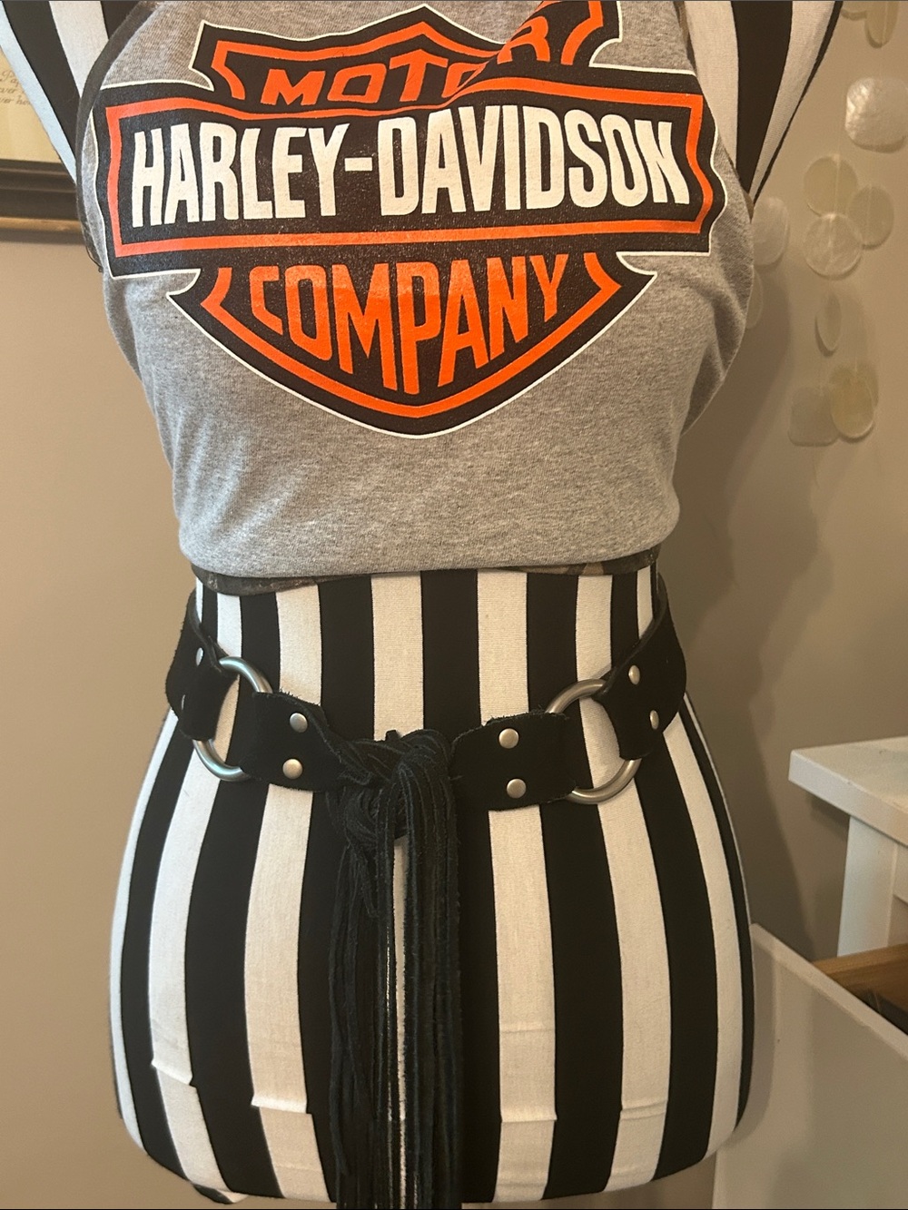 Rare Vintage Black leather suede Fringe Harley Davidson Statement Belt